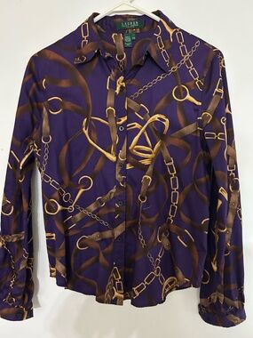 Lauren Ralph Lauren Purple & Brown Chain-Print Button-Up Shirt size S